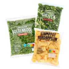 Fijngesneden boerenkool
of andijvie zak à 500 gram
of stamppot aardappelen
zak à 1000 gram